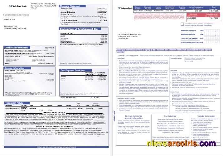 United Kingdom Yorkshire Bank mortgage statement, 3 pages 1-2